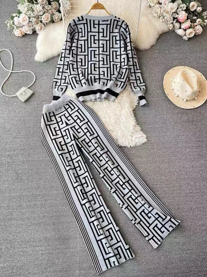 Women's Jacquard Knit Top 2-Piece Style Casual Suit