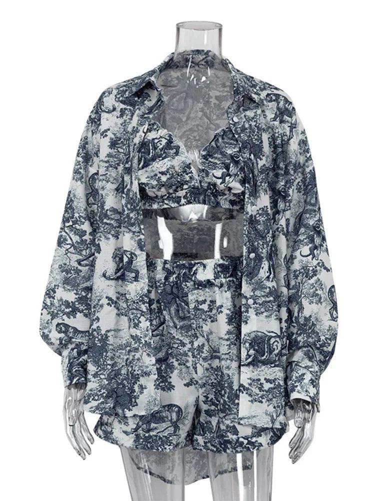 Retro Ink Shirt Three-piece Shorts Suit Women's - DALI