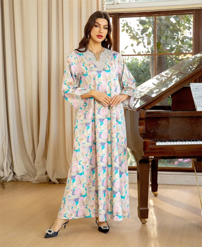 Fashion Diamonds Elegant Printing Long Dresses Muslim Eid