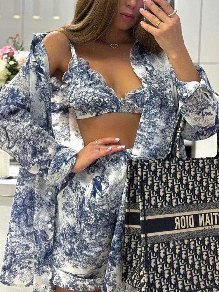 Retro Ink Shirt Three-piece Shorts Suit Women's - DALI