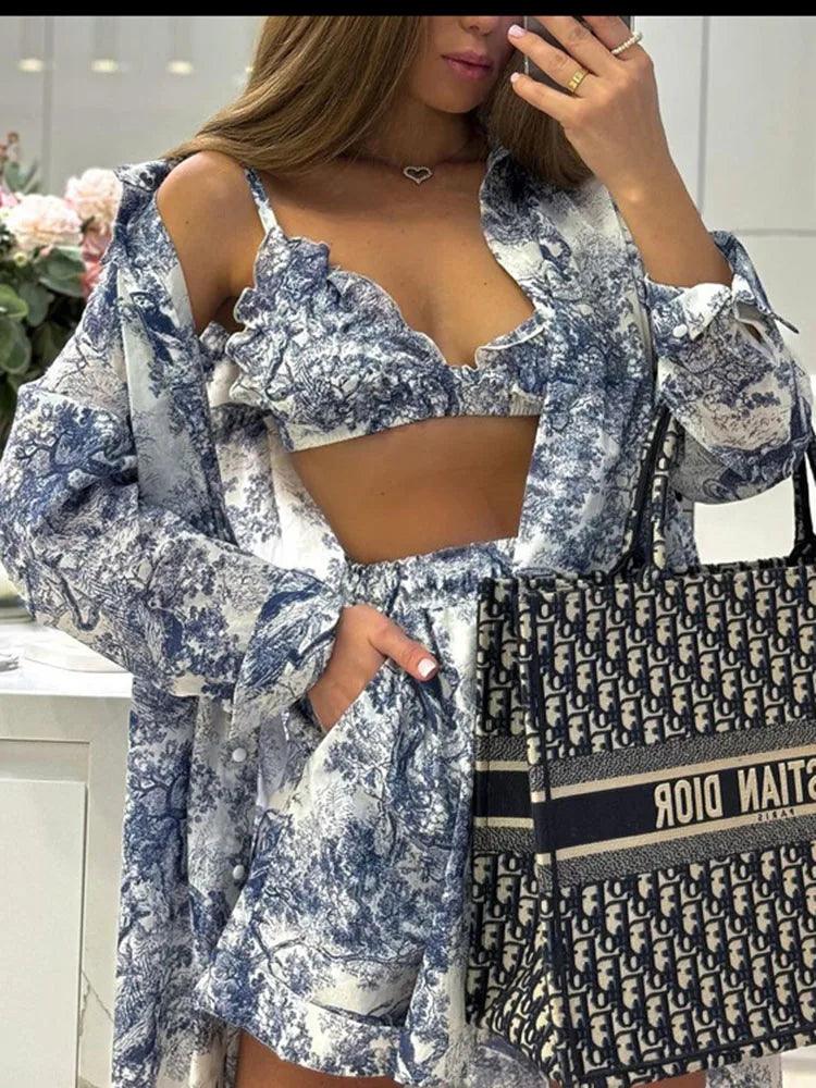 Retro Ink Shirt Three-piece Shorts Suit Women's - DALI