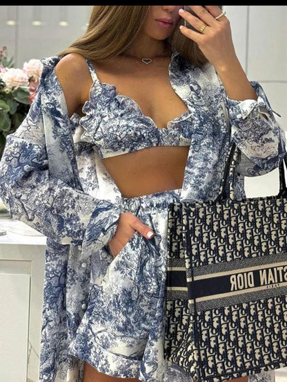 Retro Ink Shirt Three-piece Shorts Suit Women's - DALI