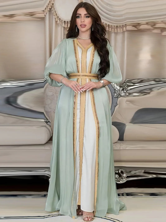Moroccan Caftan Luxury Silk Satin Elegant Ramadan Dresses For Women 3pcs
