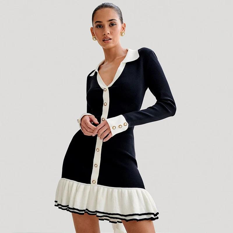Back Hollow Bows Lace Up Ruffled Knitting Dress For Women - DALI