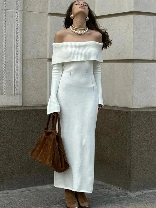 White Autumn Knit Sweater Long Dress Women - DALI