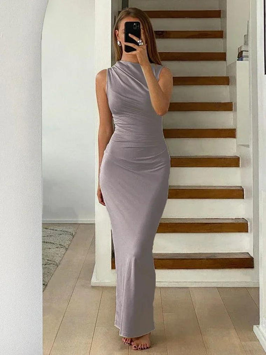Pleated Long sleeved Slim Maxi Dress Women - DALI