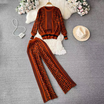 Women's Jacquard Knit Top 2-Piece Style Casual Suit