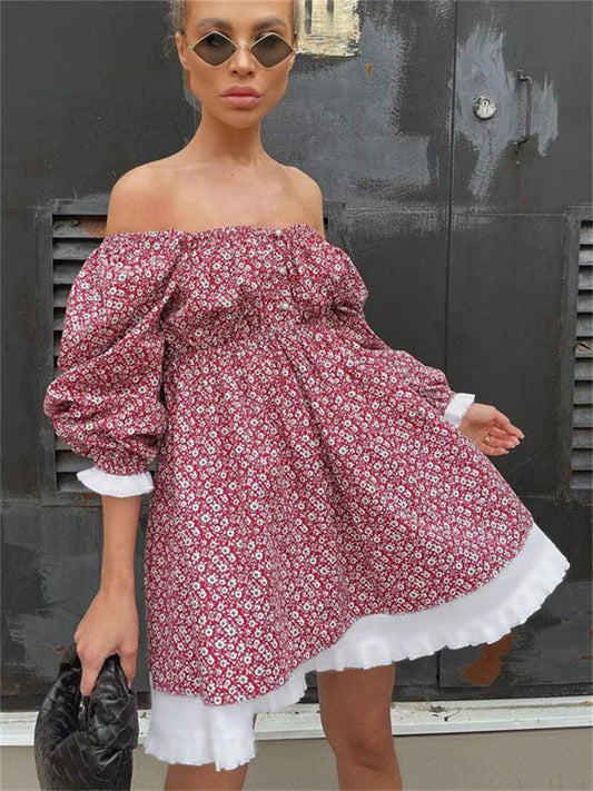 Printed Off-Shoulder Ruffled Mini Dress For women - DALI
