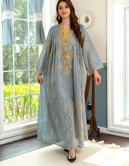 Gorgeous Party Evening Dresses Muslim Ethnic Sequin Gold Thread Embroider Abaya