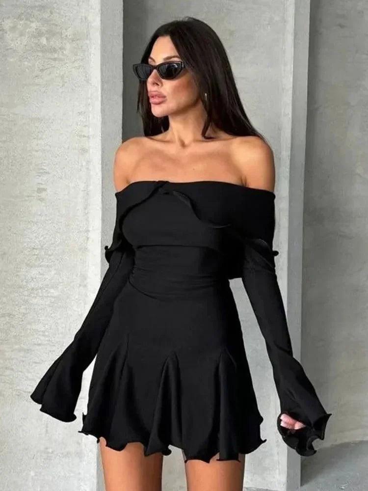 Off-shoulder Fungus Long-Sleeved Elegant Dress - DALI