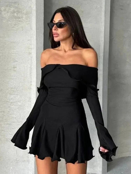 Off-shoulder Fungus Long-Sleeved Elegant Dress - DALI