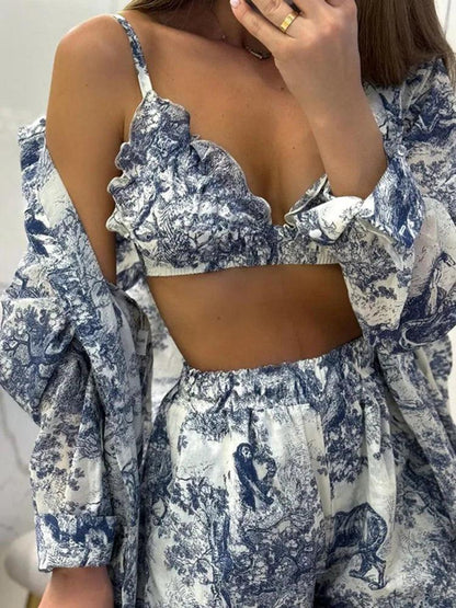 Retro Ink Shirt Three-piece Shorts Suit Women's - DALI