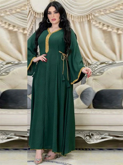 Long Dress Diamonds Full Sleeve Abaya Muslim Elegant Women Clothing