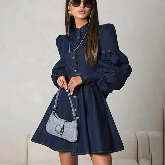 Elegant Lace-Up Blue Denim Mini Dress - DALI