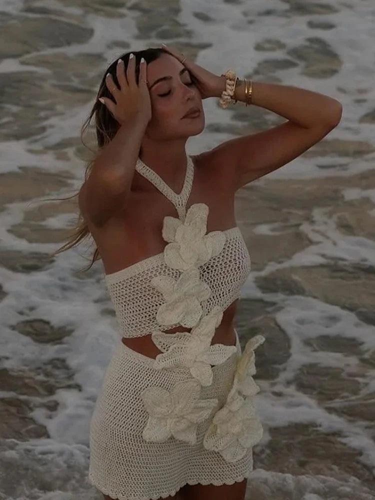 Sexy Knit 3d Flower Beach Mini Dress Slim - DALI