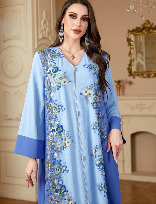Ramadan Woman’s Abayas Embroidered Sequin Floral Patter V-Neck