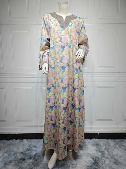 Fashion Diamonds Elegant Printing Long Dresses Muslim Eid