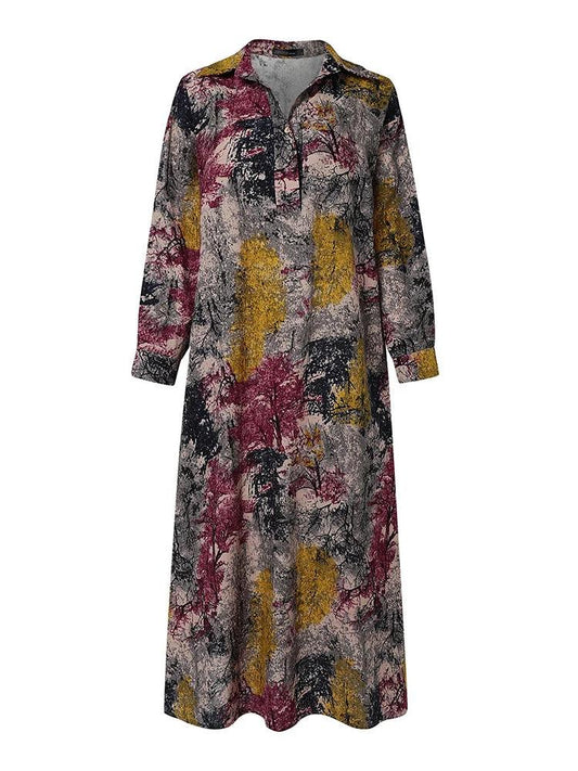 Dress Women Vintage Long Sleeve Floral Neck Loose Cotton Vestido - DALI
