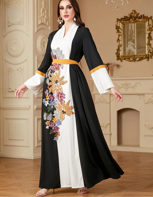 Ramadan Sequins Patchwork Abaya Panel Sleeve Kaftan With Sashes