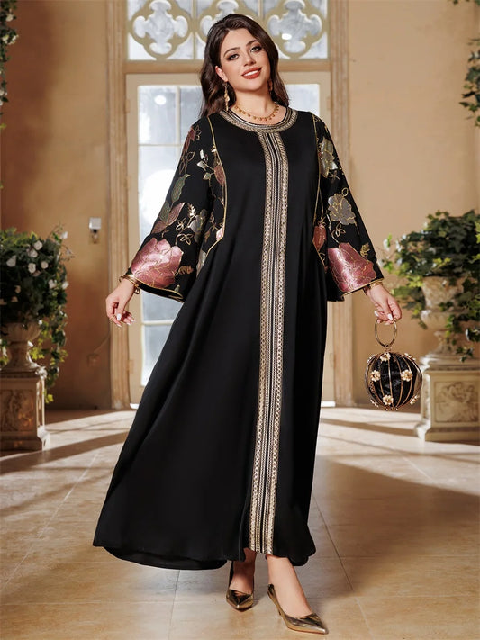 Ramadan Muslim Women's Gold Stamping Petal Sleeve Abaya