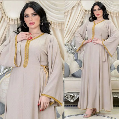 Long Dress Diamonds Full Sleeve Abaya Muslim Elegant Women Clothing