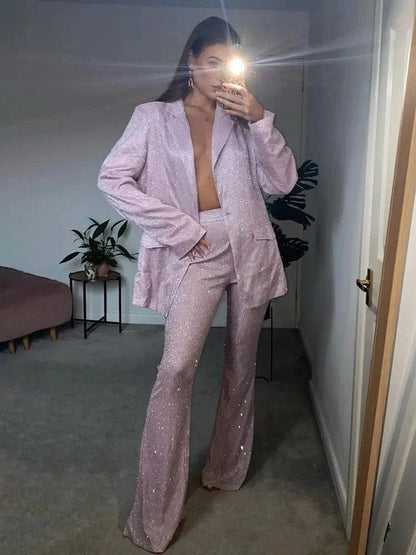 Glitter Silver Party Two Piece Pants Set Women - DALI