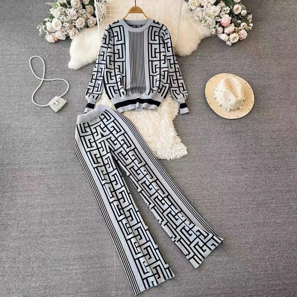 Women's Jacquard Knit Top 2-Piece Style Casual Suit