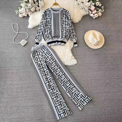 Women's Jacquard Knit Top 2-Piece Style Casual Suit