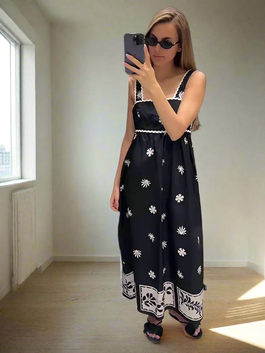 Vintage Print Pleated Sling Strap Dress - DALI