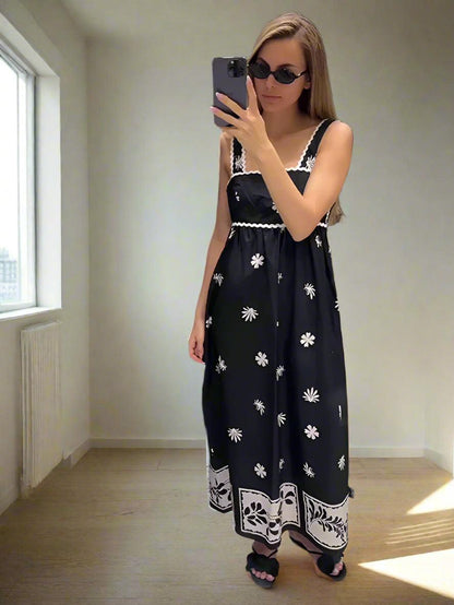 Vintage Print Pleated Sling Strap Dress - DALI