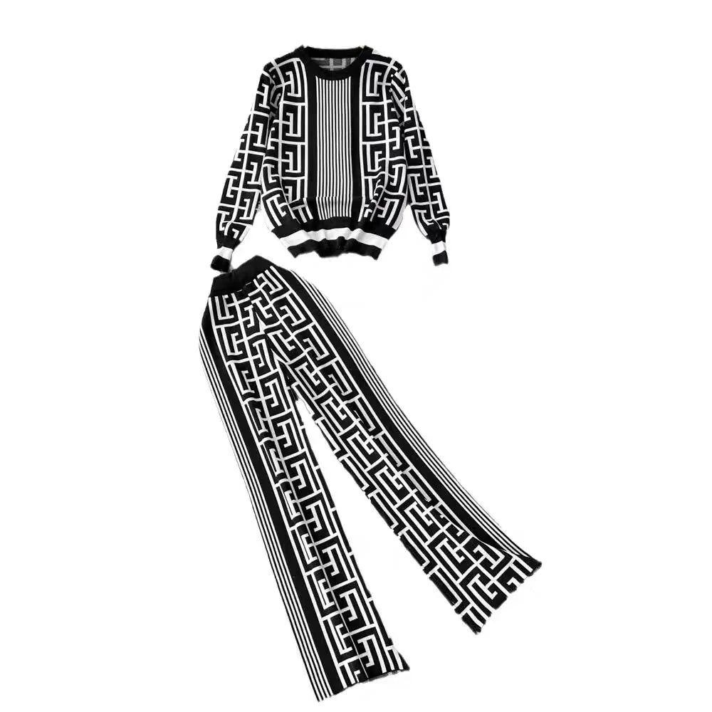 Women's Jacquard Knit Top 2-Piece Style Casual Suit