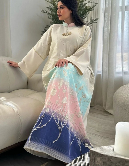 Muslim Fashion Floral Jacquard Gradient Color Elegant Long Dress