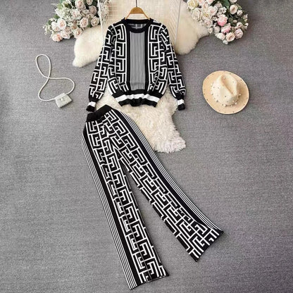 Women's Jacquard Knit Top 2-Piece Style Casual Suit