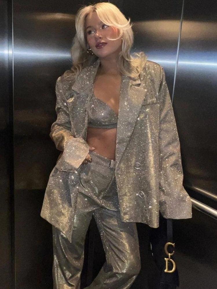 Silver Shiny Blazer Sets For Women - DALI