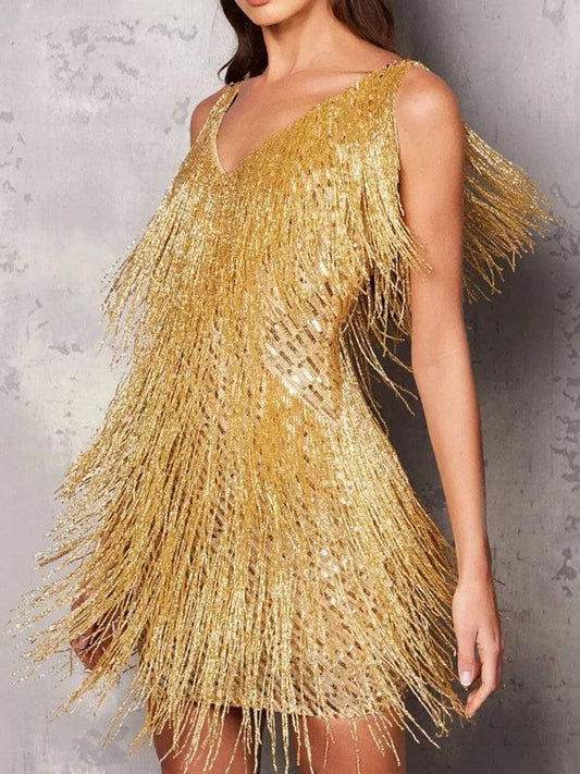 Solid Tassel Sequins White Dress For Women - DALI