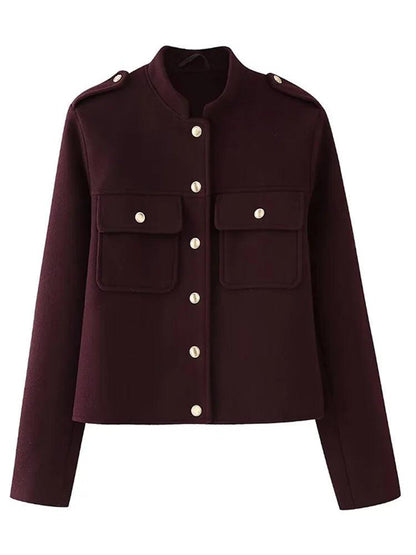 Red Jacket Stand Collar Single Breasted Full Sleeve - DALI