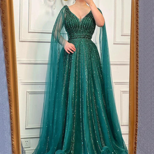 Green A-Line Cape Sleeves Luxury Beaded Evening Dresses - DALI