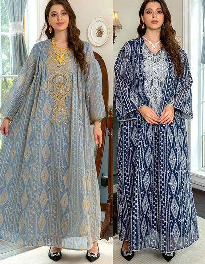 Gorgeous Party Evening Dresses Muslim Ethnic Sequin Gold Thread Embroider Abaya