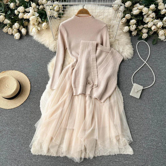 Solid Knitted Long Dress Women Warm Two Pieces Suits - DALI