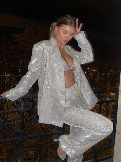 Glitter Silver Party Two Piece Pants Set Women - DALI