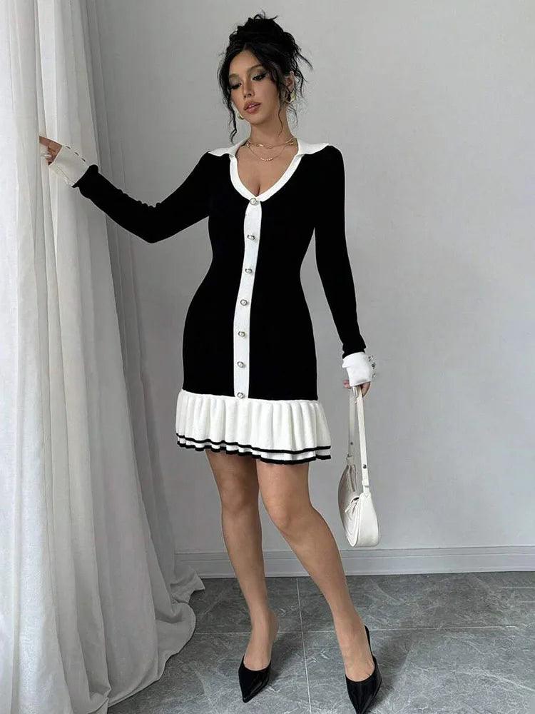 Back Hollow Bows Lace Up Ruffled Knitting Dress For Women - DALI