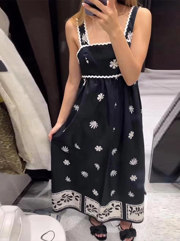 Vintage Print Pleated Sling Strap Dress - DALI