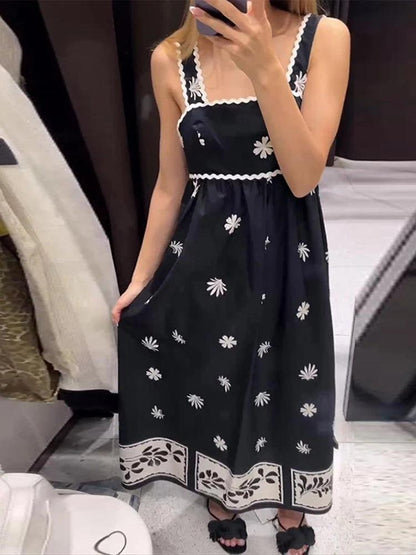 Vintage Print Pleated Sling Strap Dress - DALI
