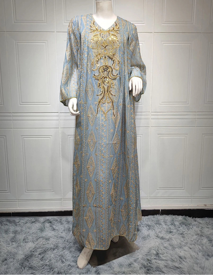 Gorgeous Party Evening Dresses Muslim Ethnic Sequin Gold Thread Embroider Abaya