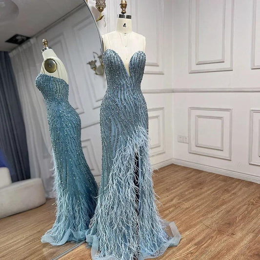 Strapless Blue Luxury Beaded Feathers Slit - DALI