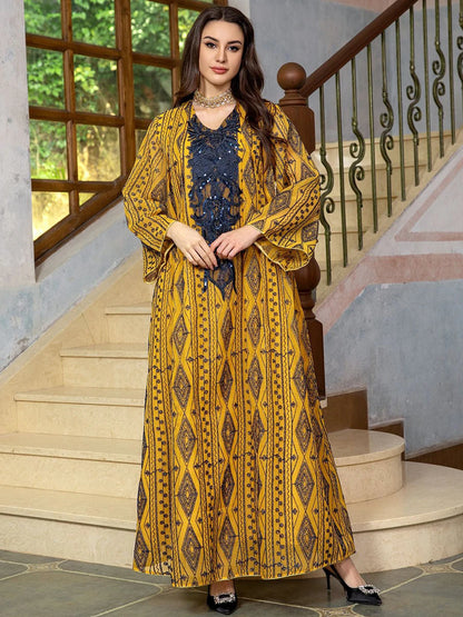 Gorgeous Party Evening Dresses Muslim Ethnic Sequin Gold Thread Embroider Abaya