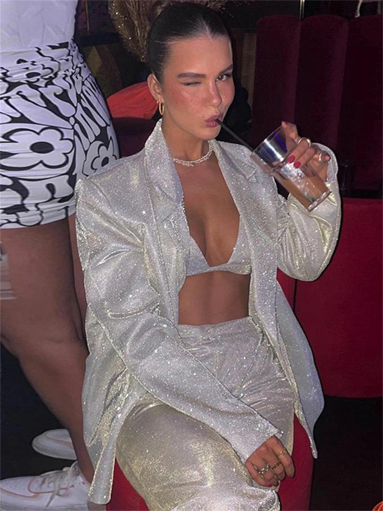 Glitter Silver Party Two Piece Pants Set Women - DALI