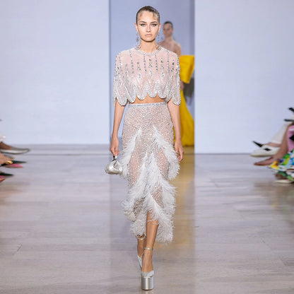 Luxury White Feathers Two Pieces Evening Dress "Customized"