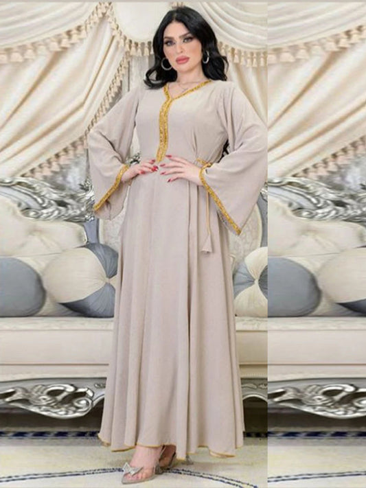 Long Dress Diamonds Full Sleeve Abaya Muslim Elegant Women Clothing