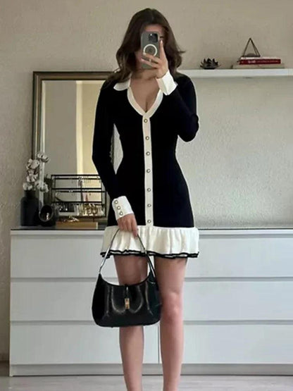 Back Hollow Bows Lace Up Ruffled Knitting Dress For Women - DALI